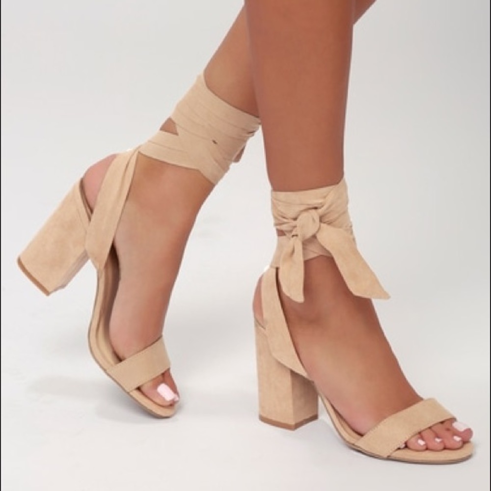 LULUS Alta Light Nude Suede Lace-Up Heels Size 7.5 Nude Beige